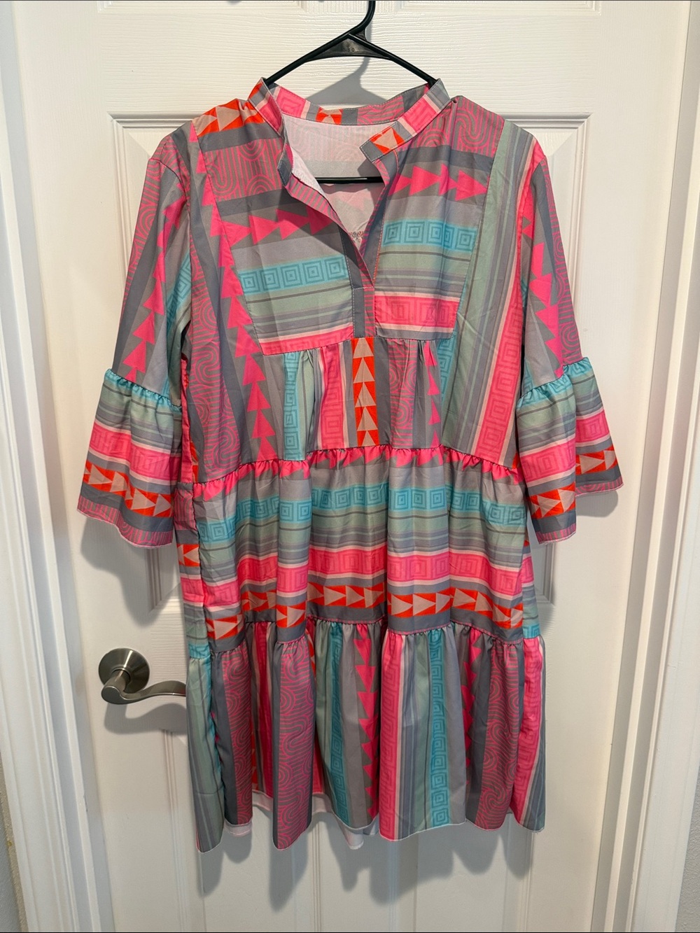 Colorblock Geo-Print Mini Dress in Pink & Gray